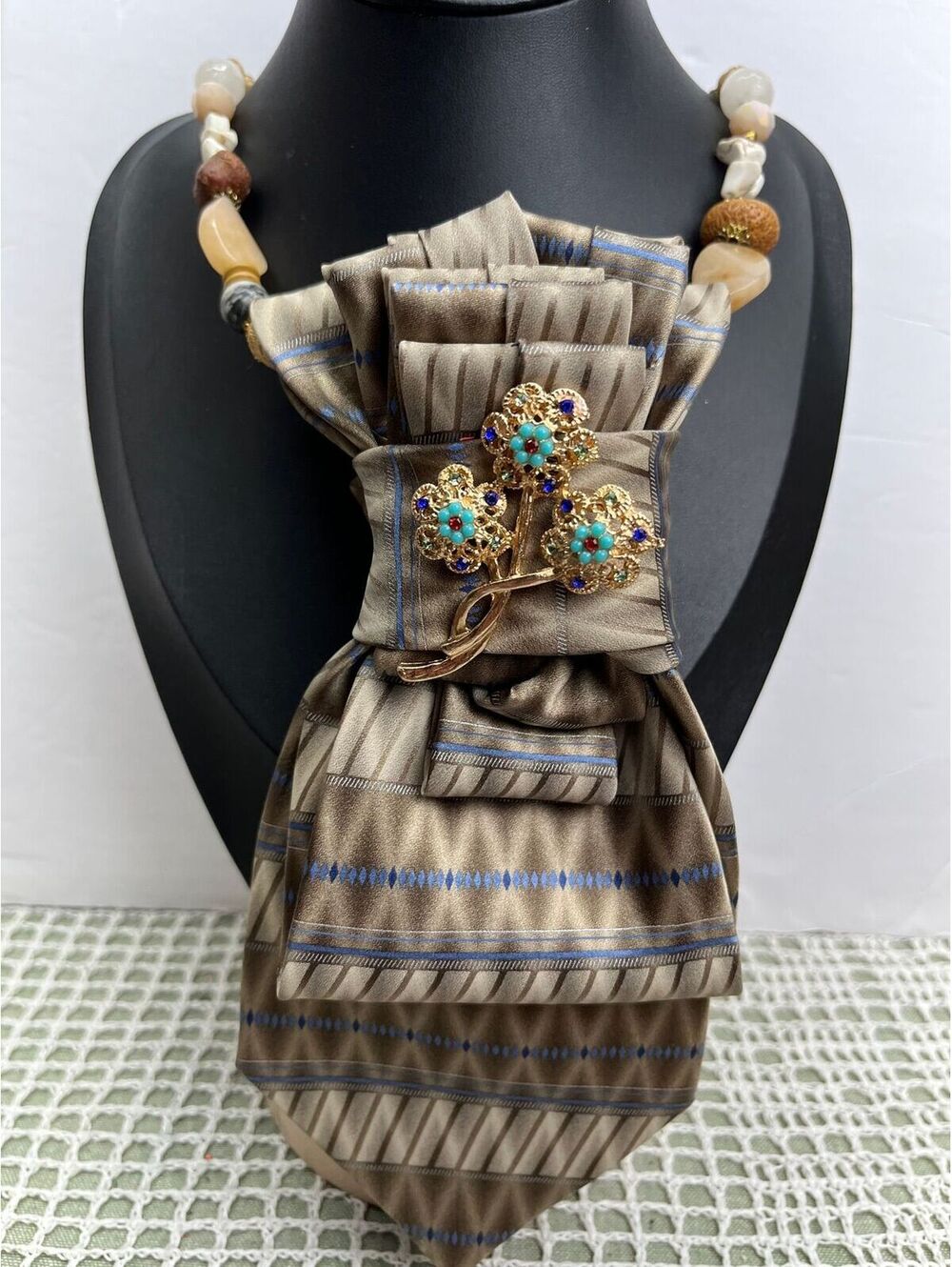 #526 Neck Tie Necklace Tan & Blue Multi Colored Flower Brooch Boho